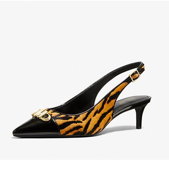 MICHAEL KORS Womens Parker Slingback Pumps 6 Tan Black Tiger Print Calf Hair NEW - Picture 1 of 11